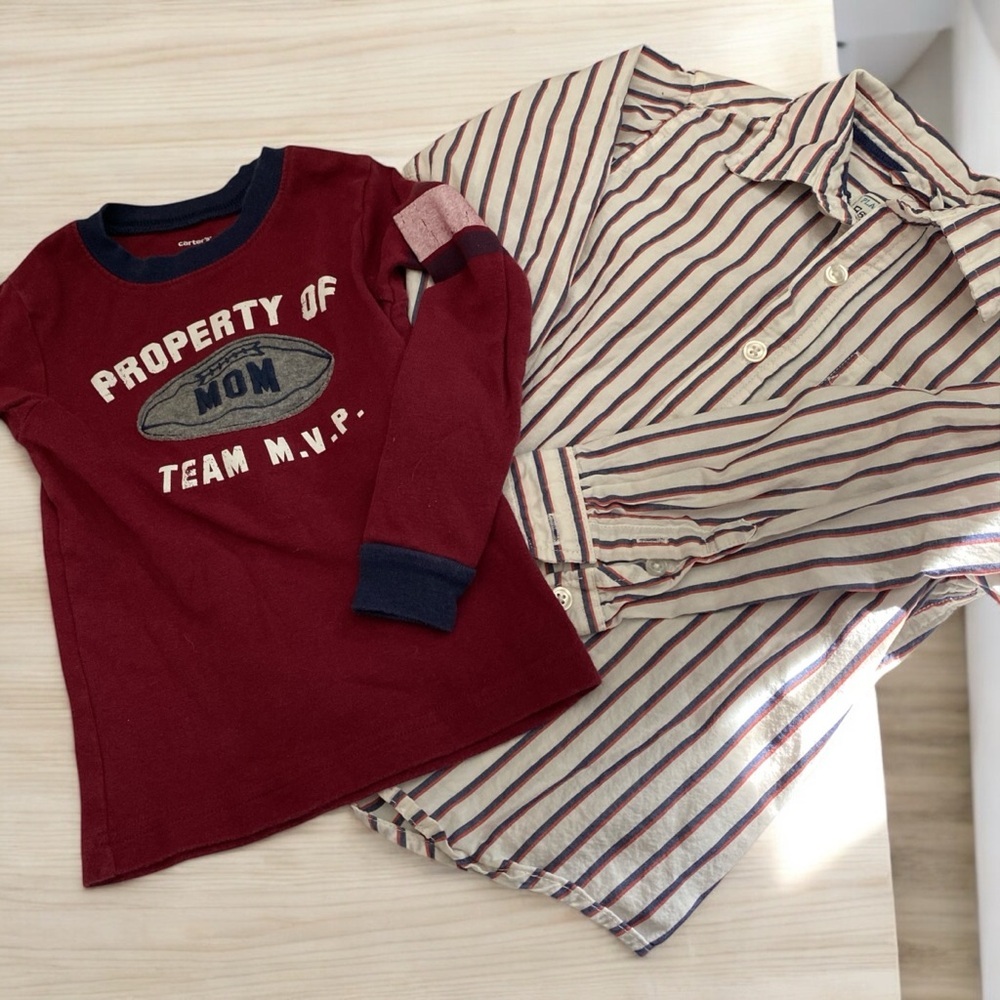 Boys 4T two shirts Oxford dress shirt striped blue red white
& t-shirt